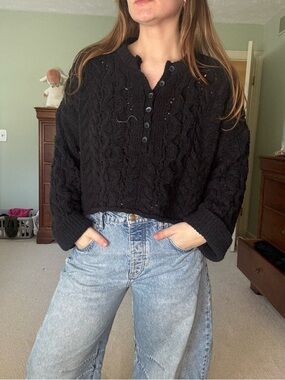 Free People Black Polly Cable-Knit Henley V-Neck Sweater
